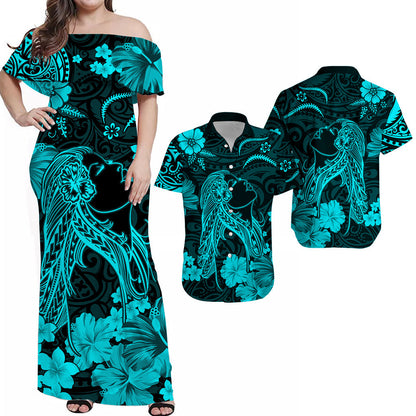 Polynesian Couple Outfits Hawaii Combo Dress and Hawaiian Shirt Polynesia Turquoise Beautiful Hula Girl