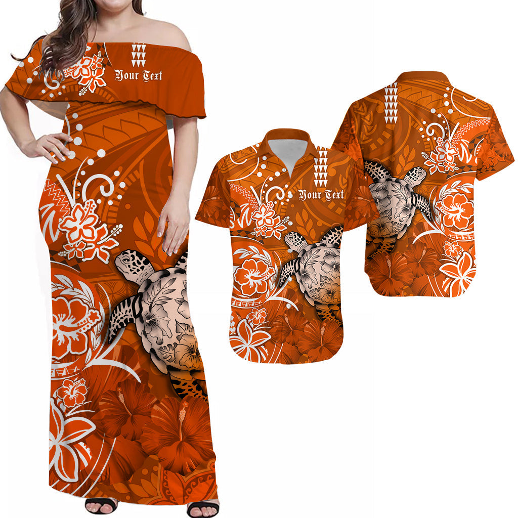 (Custom Personalised) Matching Hawaiian Outfits For Couples Combo Polynesia Orange Sea Turtle Honu and Hibiscus Dress and Hawaiian Shirt