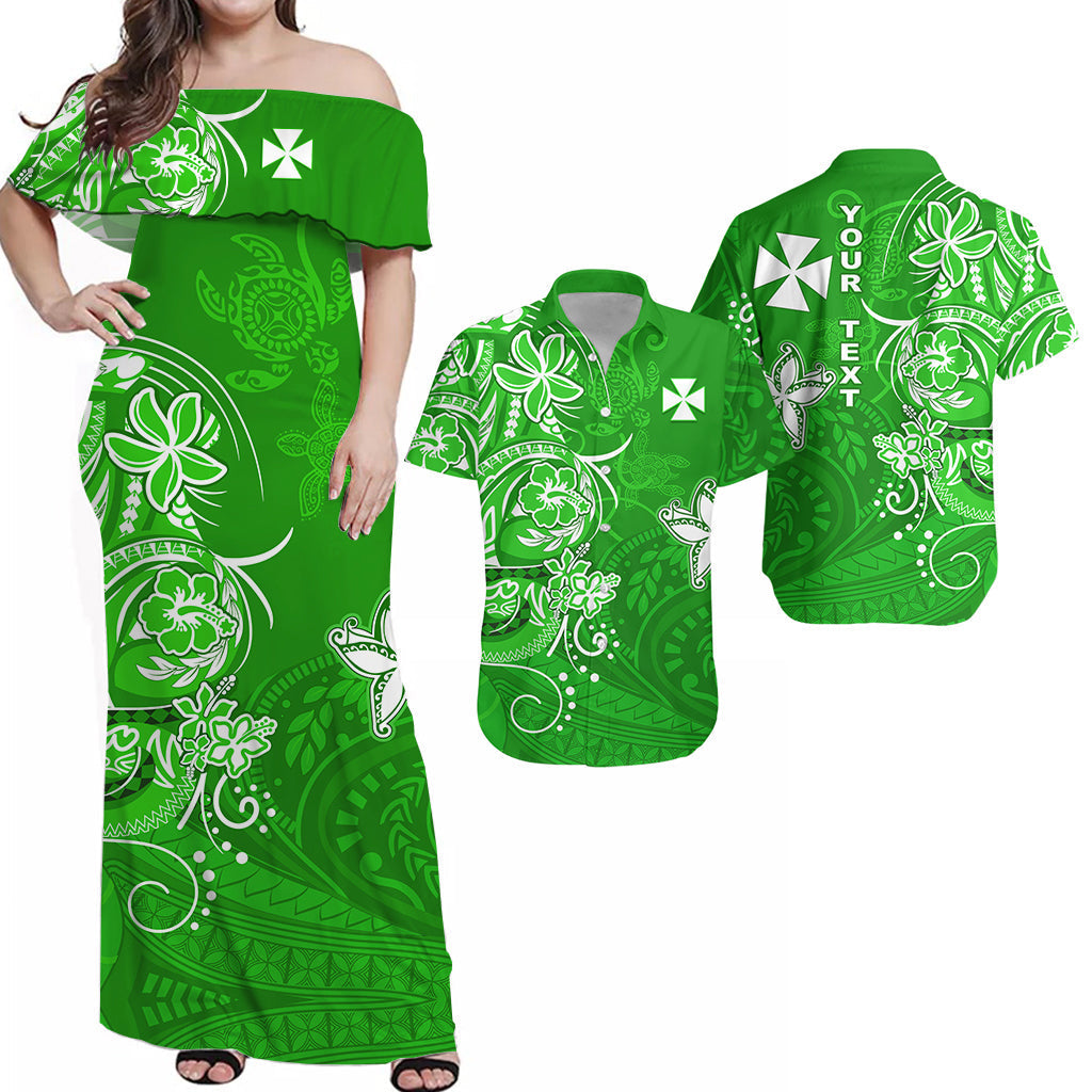 (Custom Personalised) Matching Outfits For Couples Wallis et Futuna Combo Dress and Hawaiian Shirt Polynesia Green Sea Turtle and Flowers