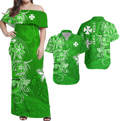 (Custom Personalised) Matching Outfits For Couples Wallis et Futuna Combo Dress and Hawaiian Shirt Polynesia Green Sea Turtle and Flowers