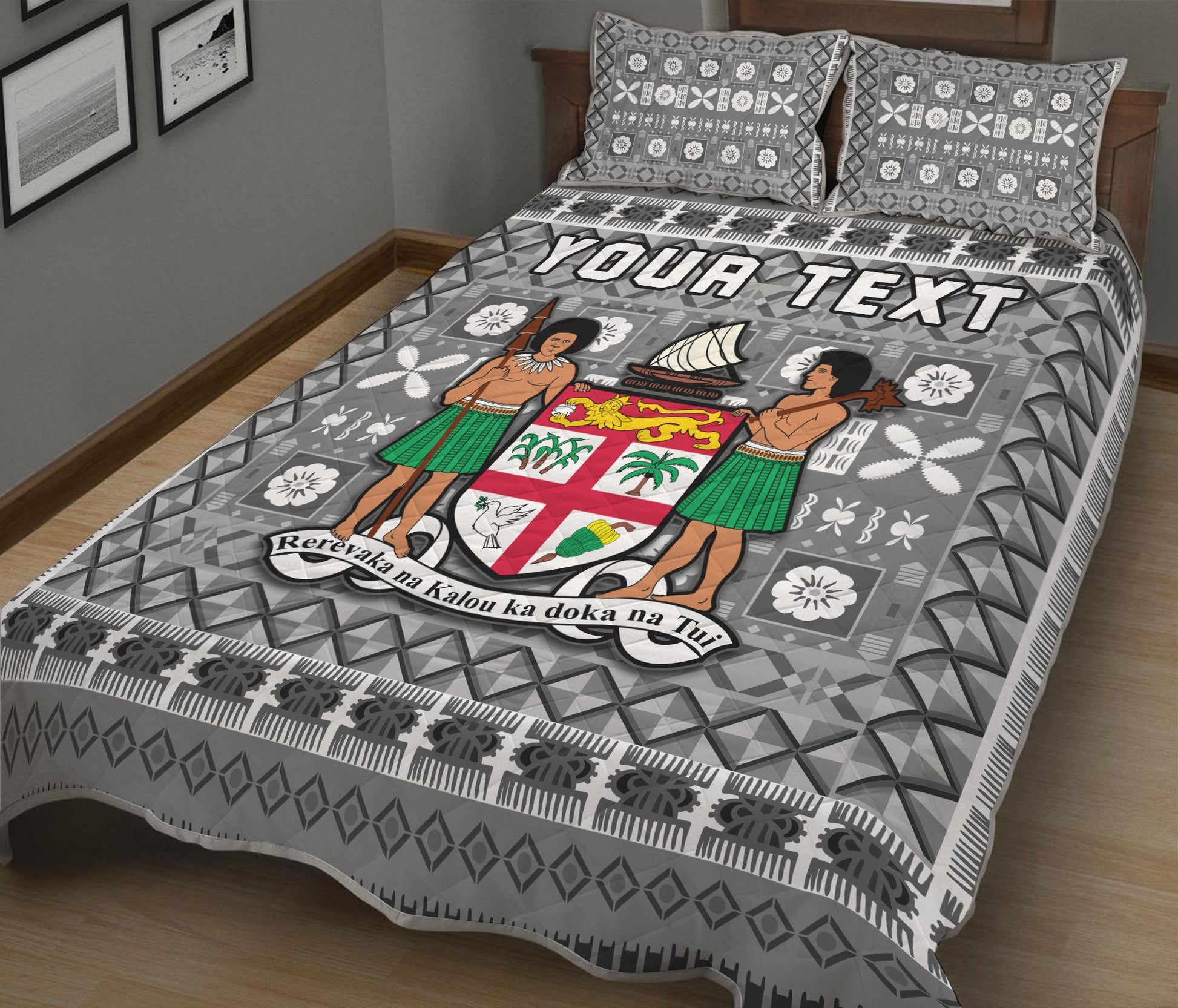 (Custom Personalised) Fiji Quilt Bed Set Pattern Fijian Tapa Pattern Grey