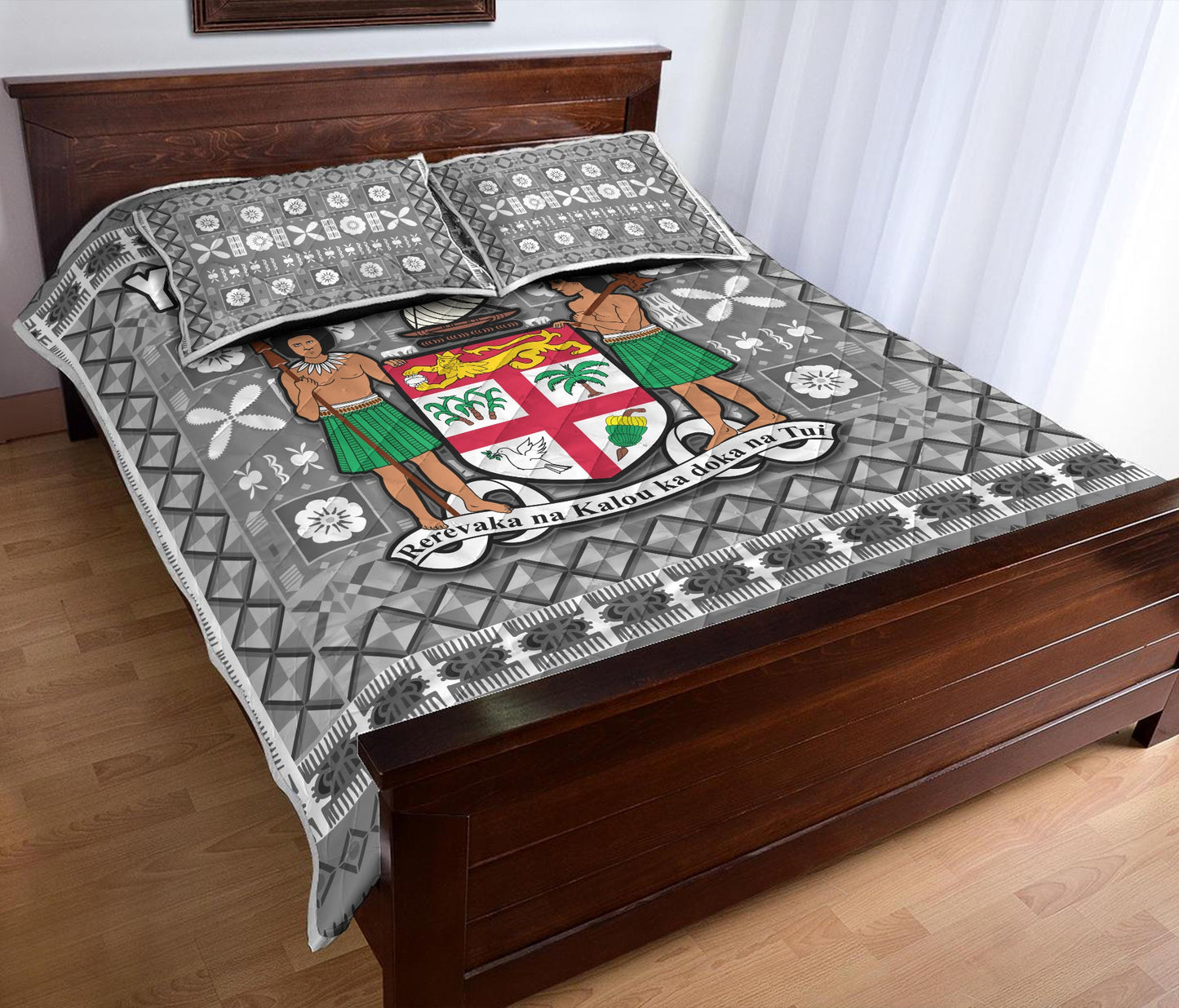 (Custom Personalised) Fiji Quilt Bed Set Pattern Fijian Tapa Pattern Grey