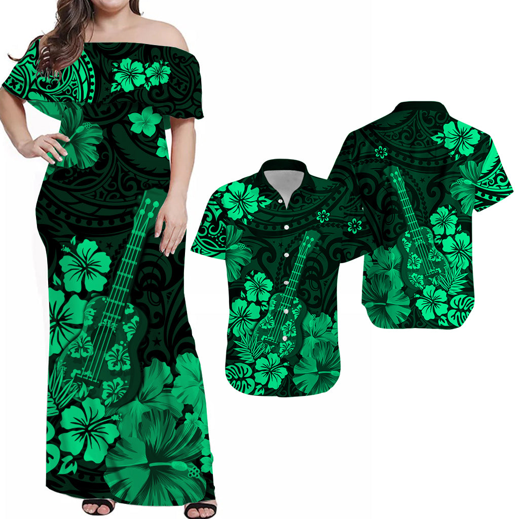 Hawaiian Matching Outfits For Couples Hawaii Combo Dress and Hawaiian Shirt Polynesia Green Ukulele Flowers
