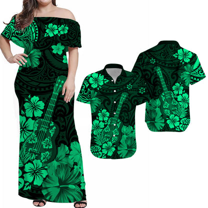 Hawaiian Matching Outfits For Couples Hawaii Combo Dress and Hawaiian Shirt Polynesia Green Ukulele Flowers