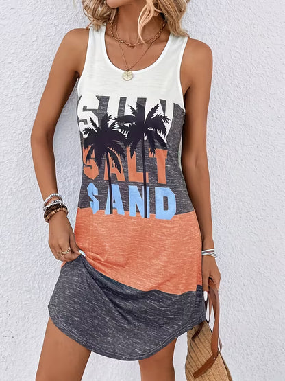 Sun Salt Sand Round Neck High Stretch Dress Tropical Tank Dress Beach Women's Clothing