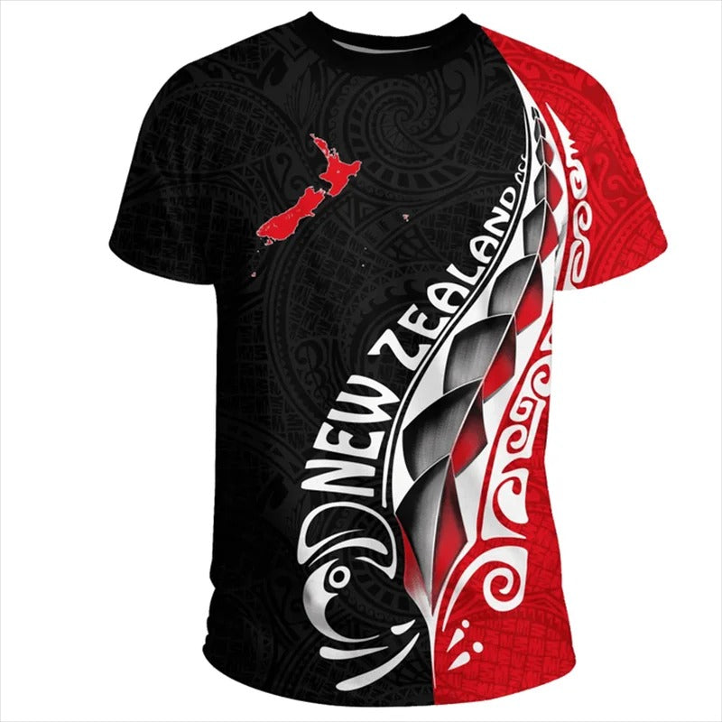 New Zealand Map Flag Shirt NZ Silver Fern Polynesian Pattern Unisex Red Tee Shirt
