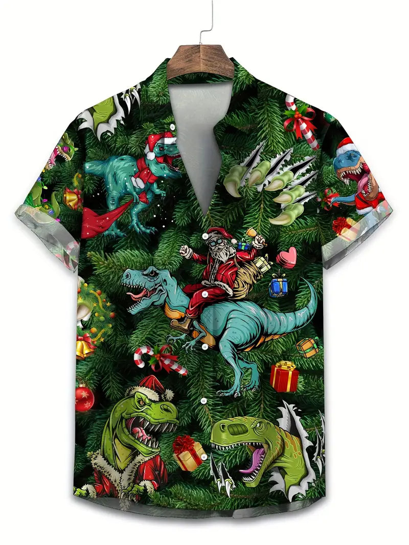 Funny Dinosaur Tropical Vacation Santa Christmas Palm Hawaiian Shirt Gift For Him