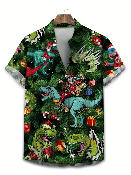 Funny Dinosaur Tropical Vacation Santa Christmas Palm Hawaiian Shirt Gift For Him