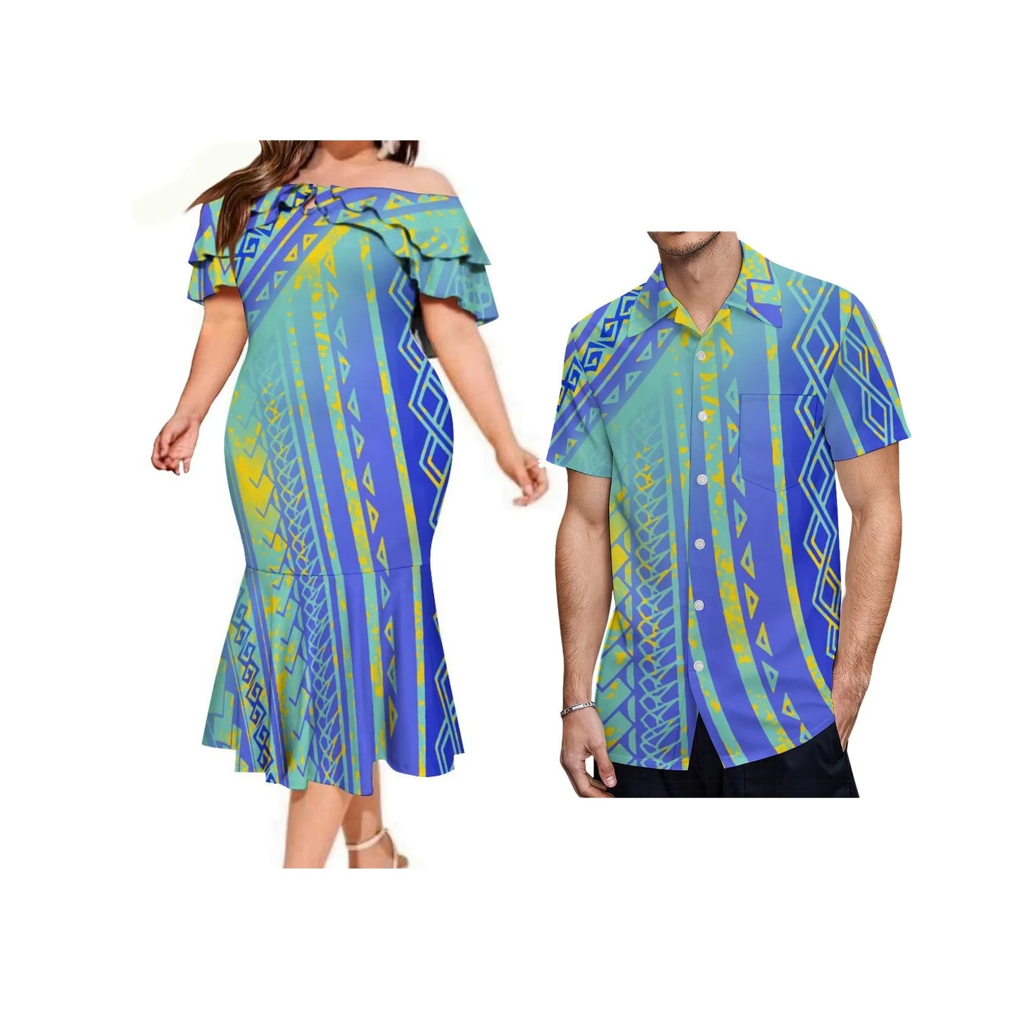 Island Matching Outfit Polynesian Tribal Pattern Off Shoulder Mermaid Dress And Shirt Outfit Set