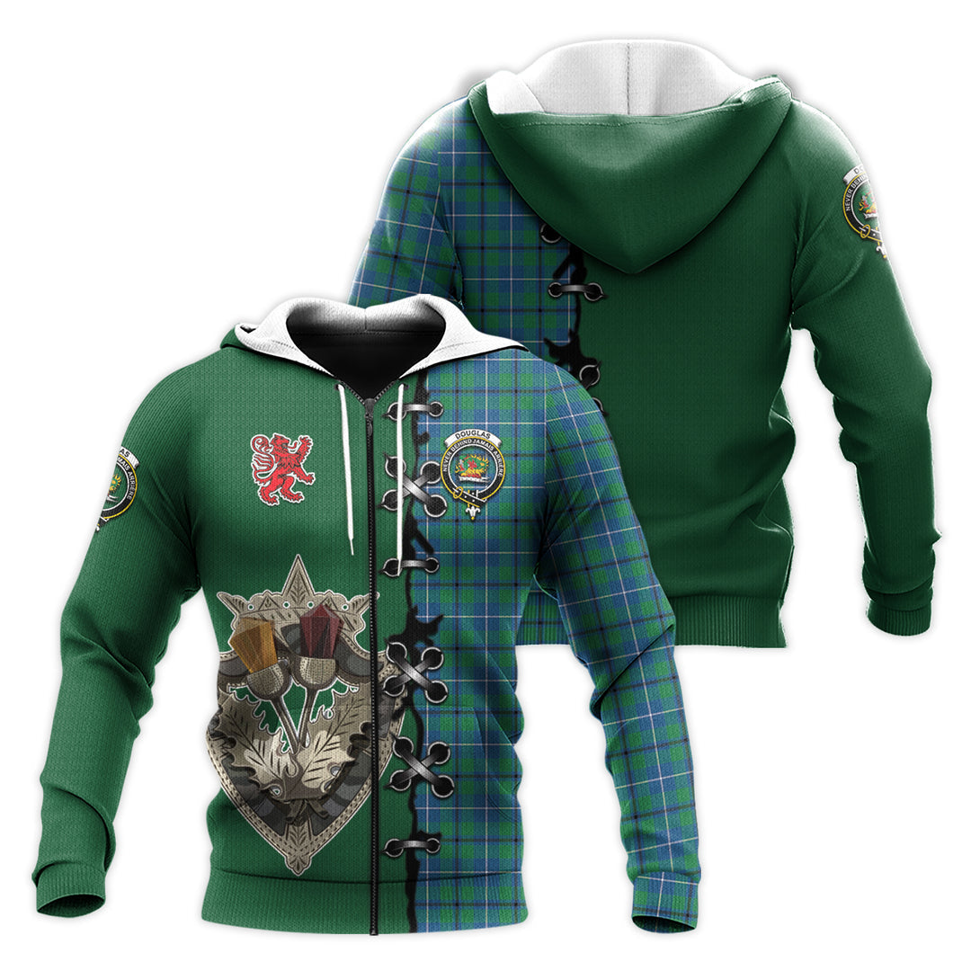 Printivon Douglas Ancient Tartan Hoodie Lion Rampant And Celtic Thistle Style