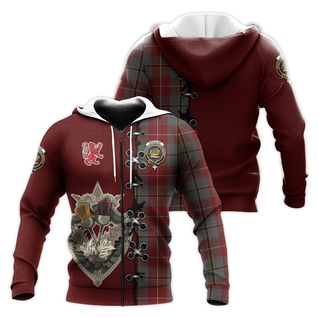 Printivon Douglas Ancient Red Tartan Hoodie Lion Rampant And Celtic Thistle Style