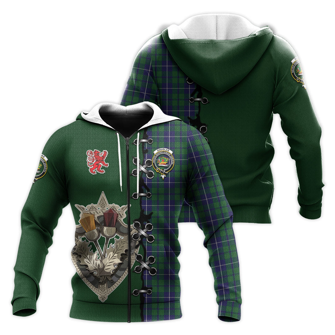 Printivon Douglas Green Tartan Hoodie Lion Rampant And Celtic Thistle Style