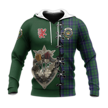 Printivon Douglas Green Tartan Hoodie Lion Rampant And Celtic Thistle Style