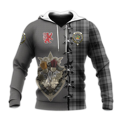Printivon Douglas Grey Tartan Hoodie Lion Rampant And Celtic Thistle Style