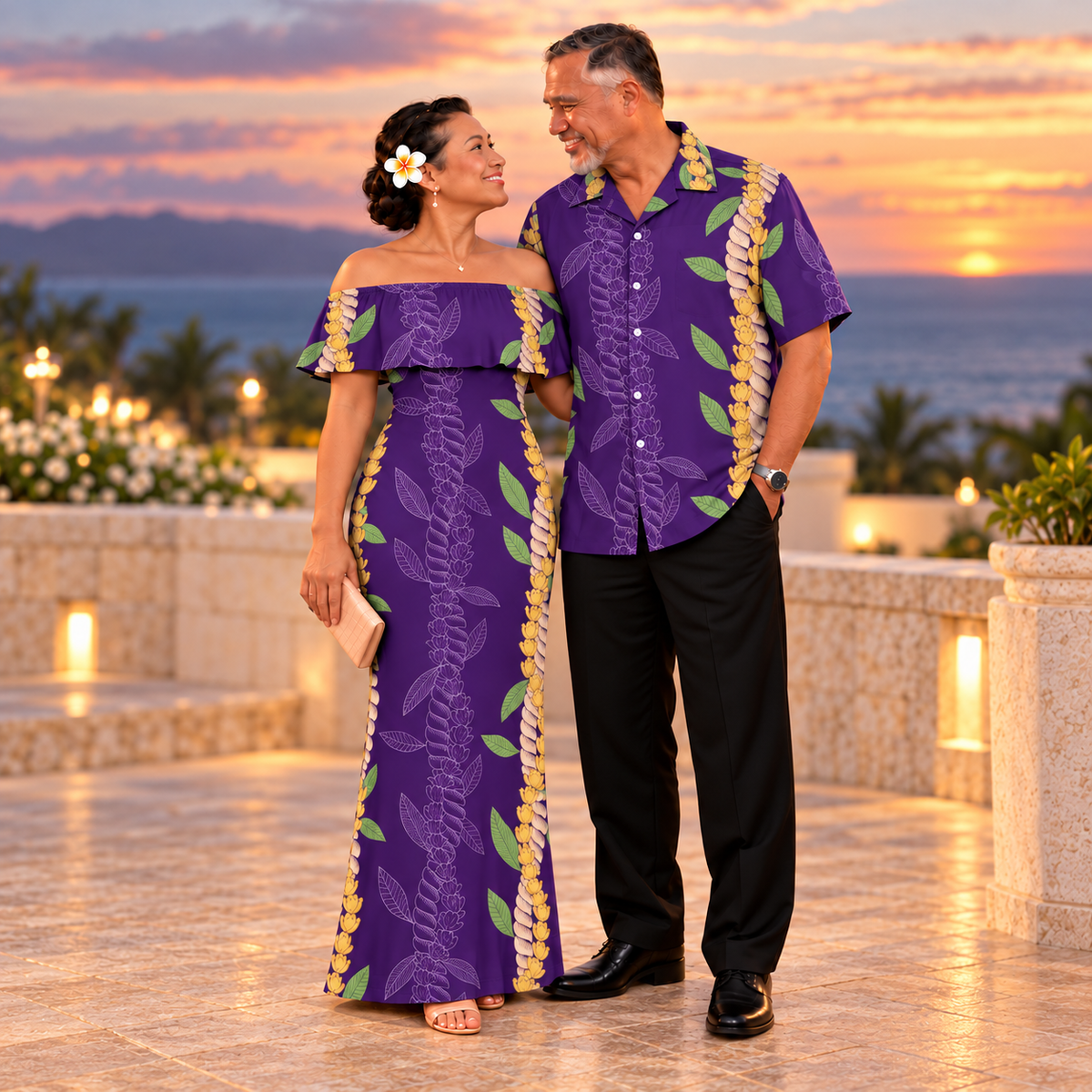 Polynesian Lei Flowers Pattern Combo Dress and Hawaiian Shirt Purple Matching Couples Outfit For Him Her