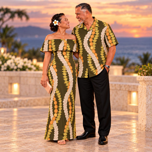 Polynesian Lei Flowers Pattern Combo Dress and Hawaiian Shirt Matching Couples Outfit