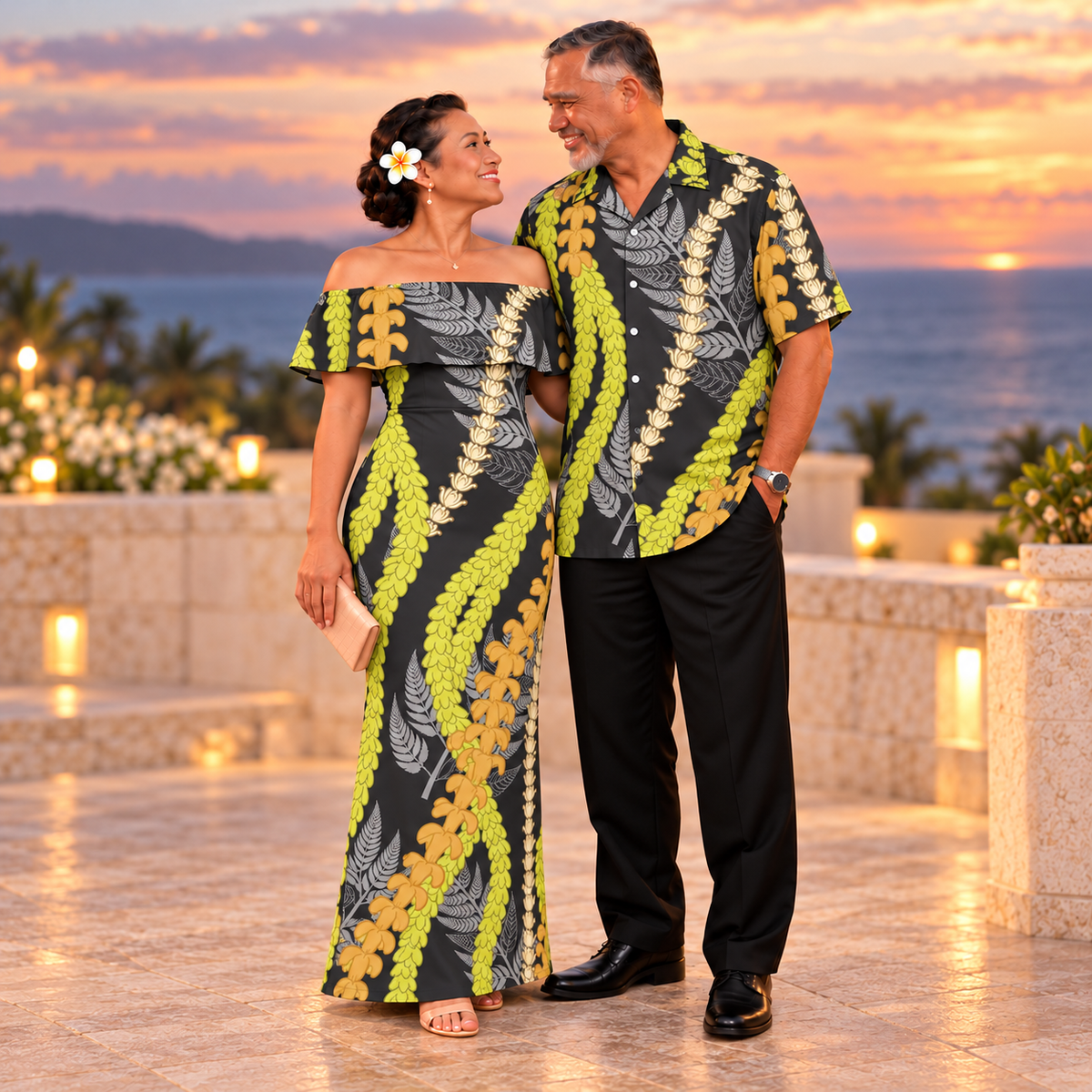 Polynesian Lei Flowers Pattern Combo Dress and Hawaiian Shirt Tropical Matching Couples Outfit