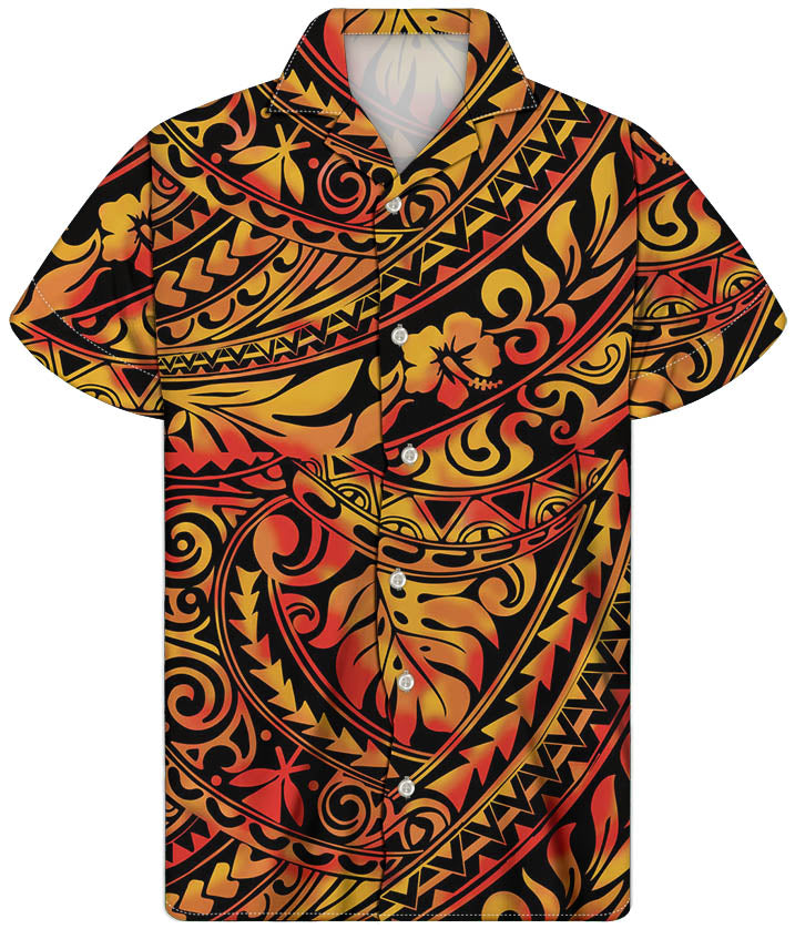 Polynesian Traditional Tribal Pattern Hawaiian Shirt Flowers Beach Short Sleeve Button Shirt For Him