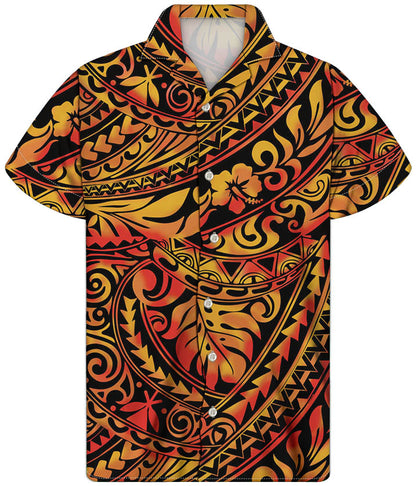 Polynesian Traditional Tribal Pattern Hawaiian Shirt Flowers Beach Short Sleeve Button Shirt For Him