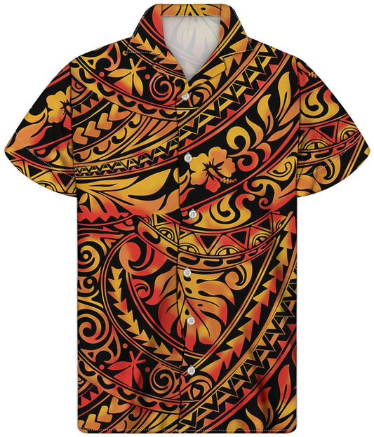 Polynesian Traditional Tribal Pattern Hawaiian Shirt Flowers Beach Short Sleeve Button Shirt For Him