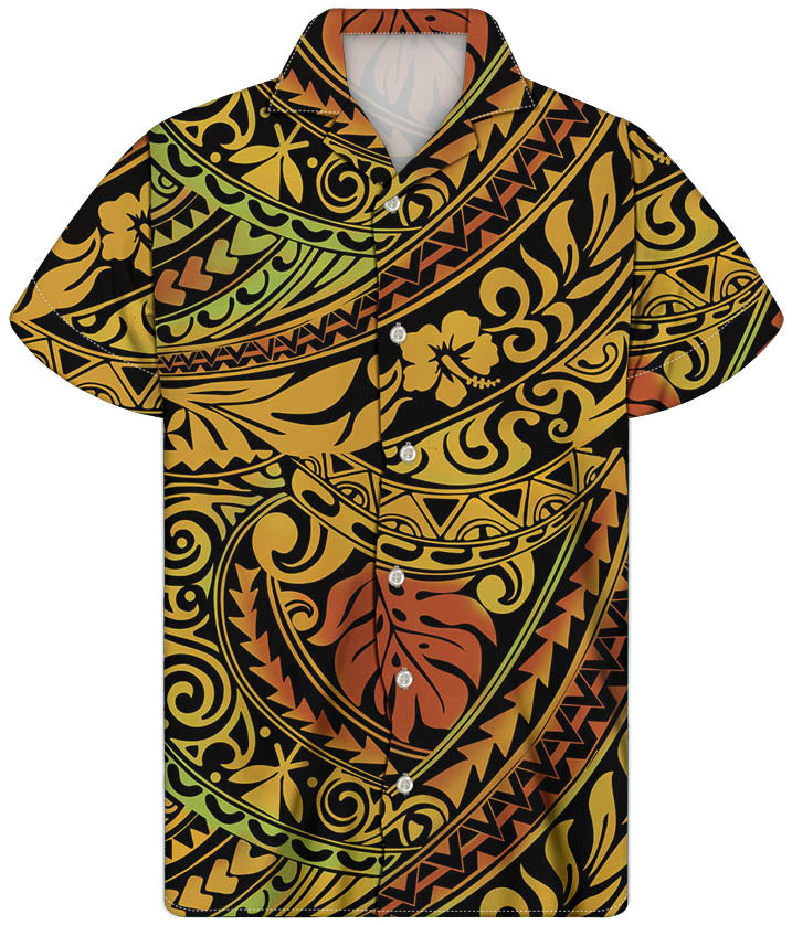 Polynesian Traditional Tribal Pattern Hawaiian Shirt Flowers Beach Short Sleeve Button Shirt For Him
