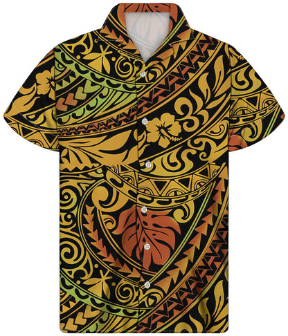 Polynesian Traditional Tribal Pattern Hawaiian Shirt Flowers Beach Short Sleeve Button Shirt For Him