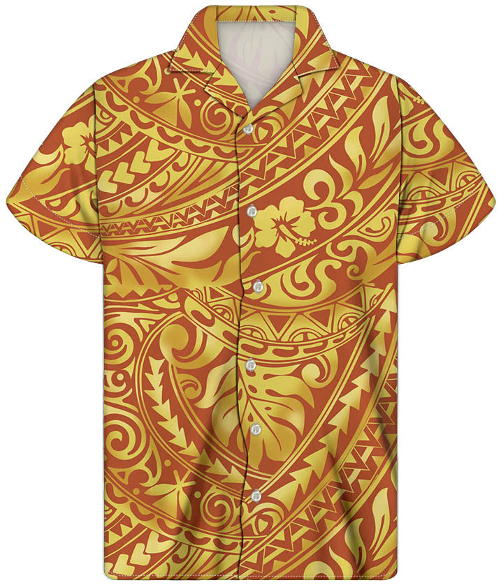 Polynesian Traditional Tribal Pattern Hawaiian Shirt Flowers Beach Short Sleeve Button Shirt For Him