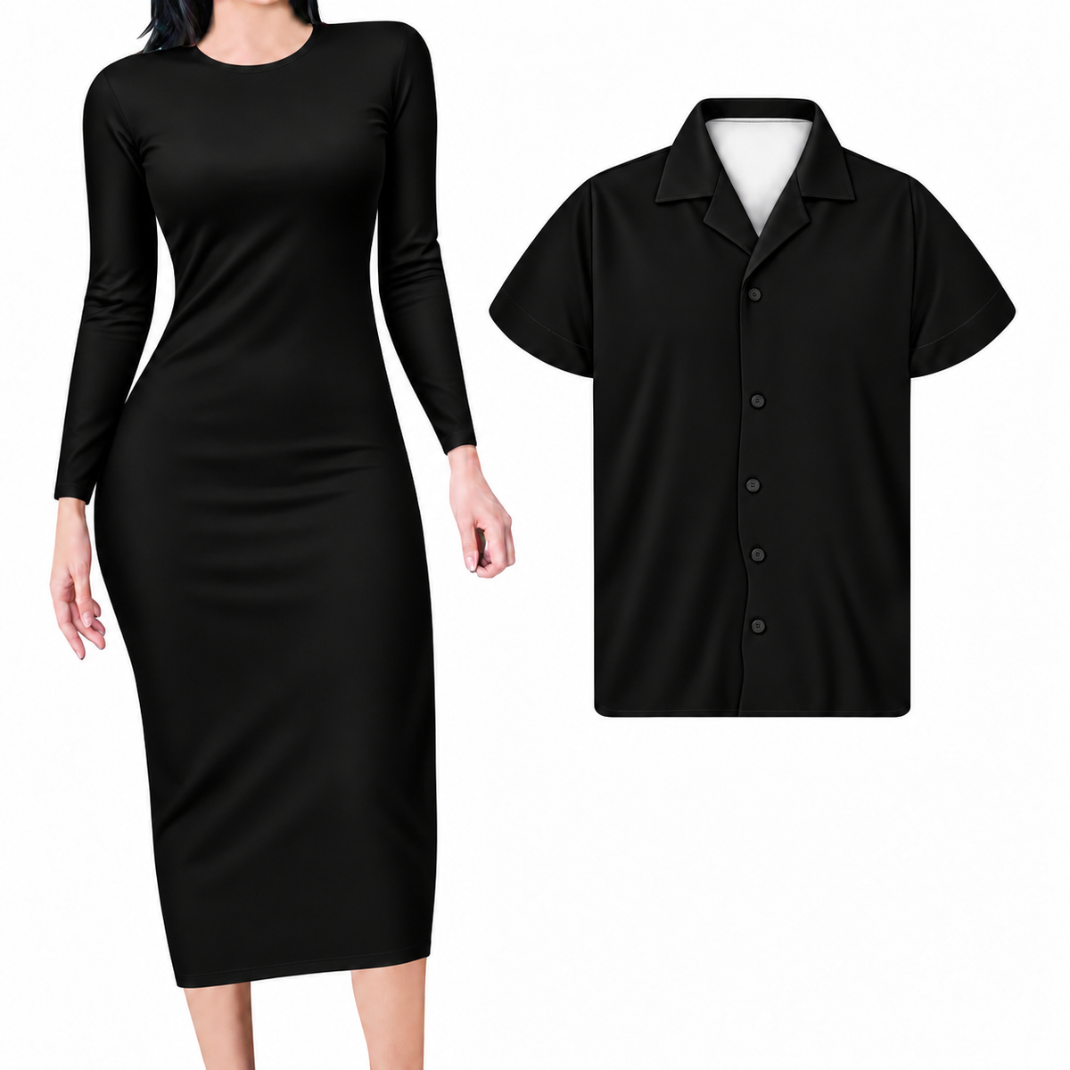 Black Solid Matching Outfit For Couples Polynesian Tribal Bodycon Dress And Hawaii Shirt