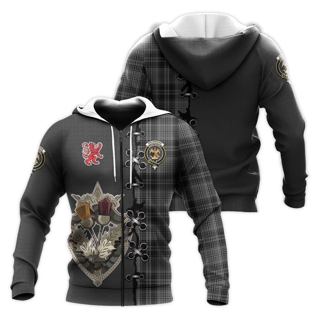 Printivon Drummond Grey Tartan Hoodie Lion Rampant And Celtic Thistle Style