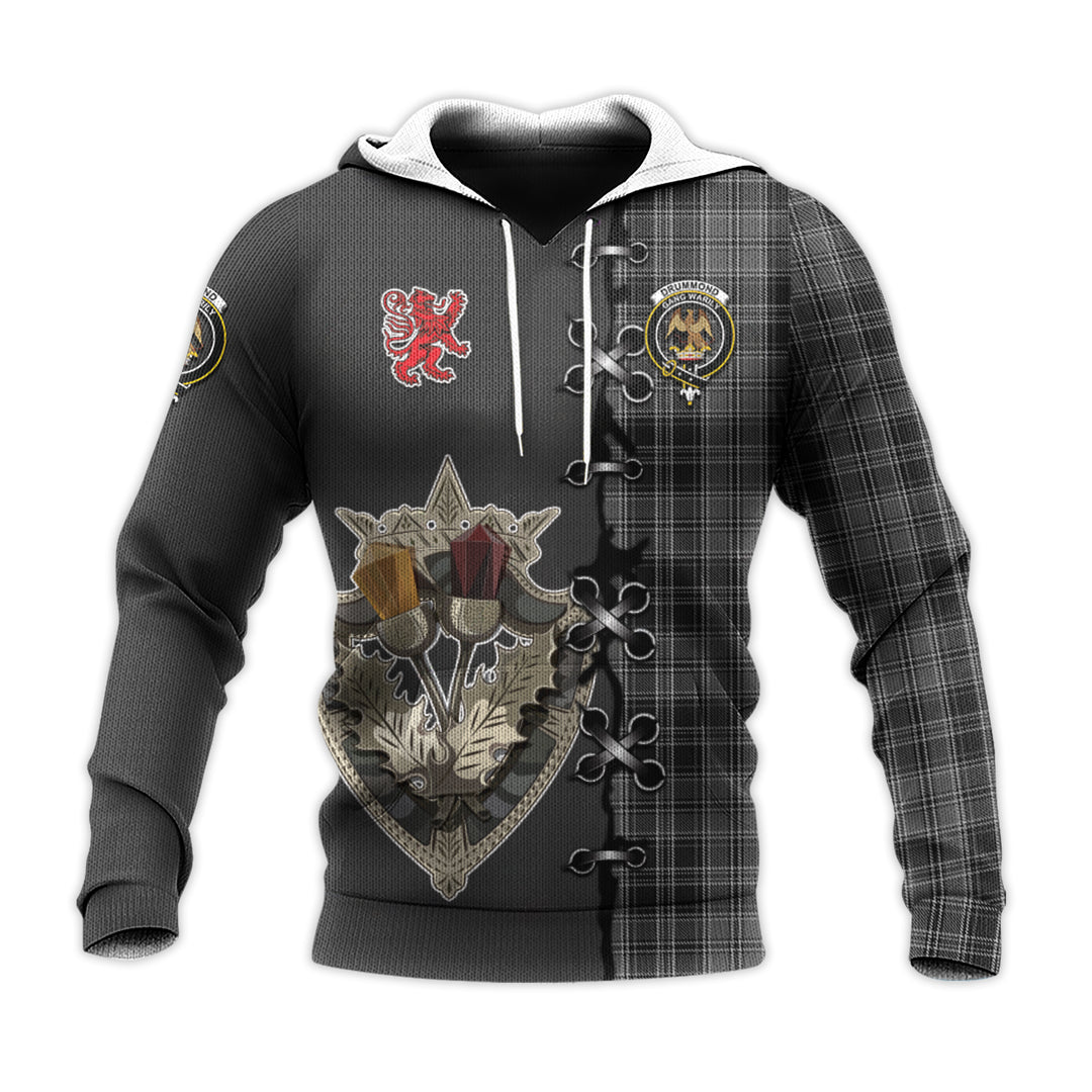 Printivon Drummond Grey Tartan Hoodie Lion Rampant And Celtic Thistle Style