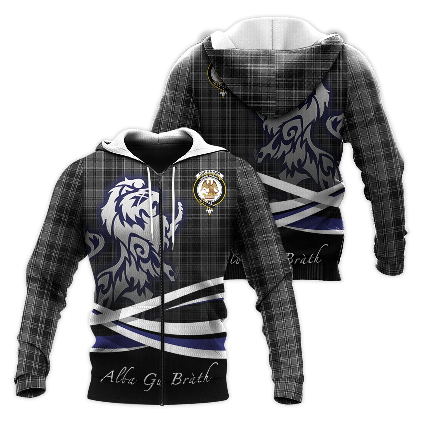 Printivon Drummond Grey Tartan Scottish Lion Hoodie