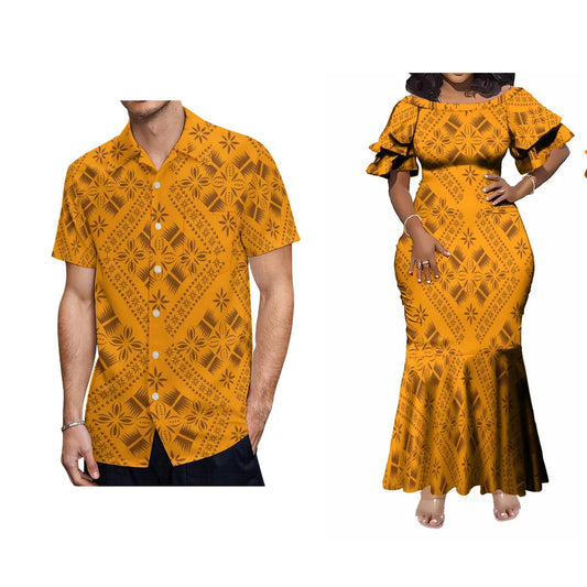 Polynesian Tribal Geometric Pattern Matching Outfit For Couple Island Yellow Short-Sleeved Fishtail Dress And Hawaiian Shirt