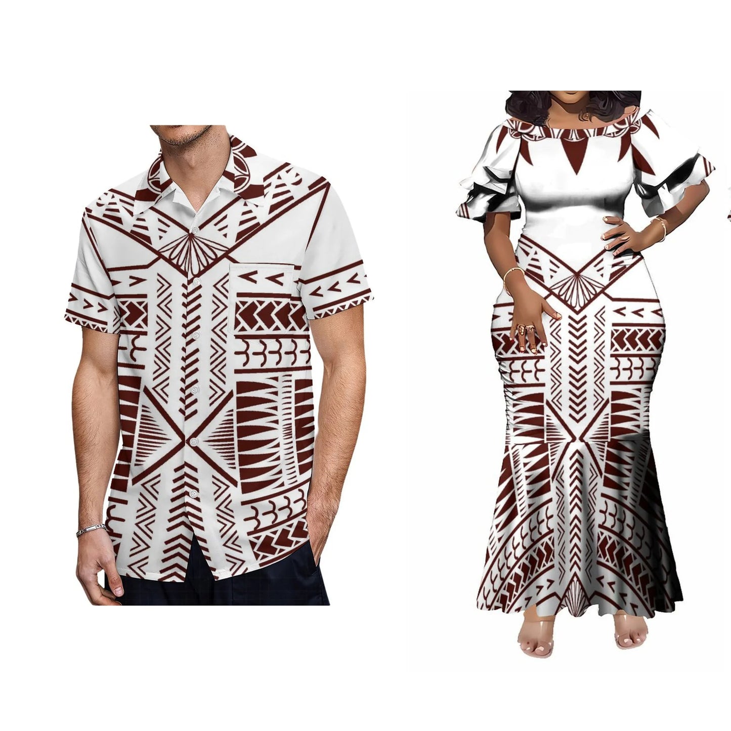 Polynesian Tribal Pattern Matching Outfit For Couple Tropical Island White Short-Sleeved Fishtail Dress And Hawaiian Shirt