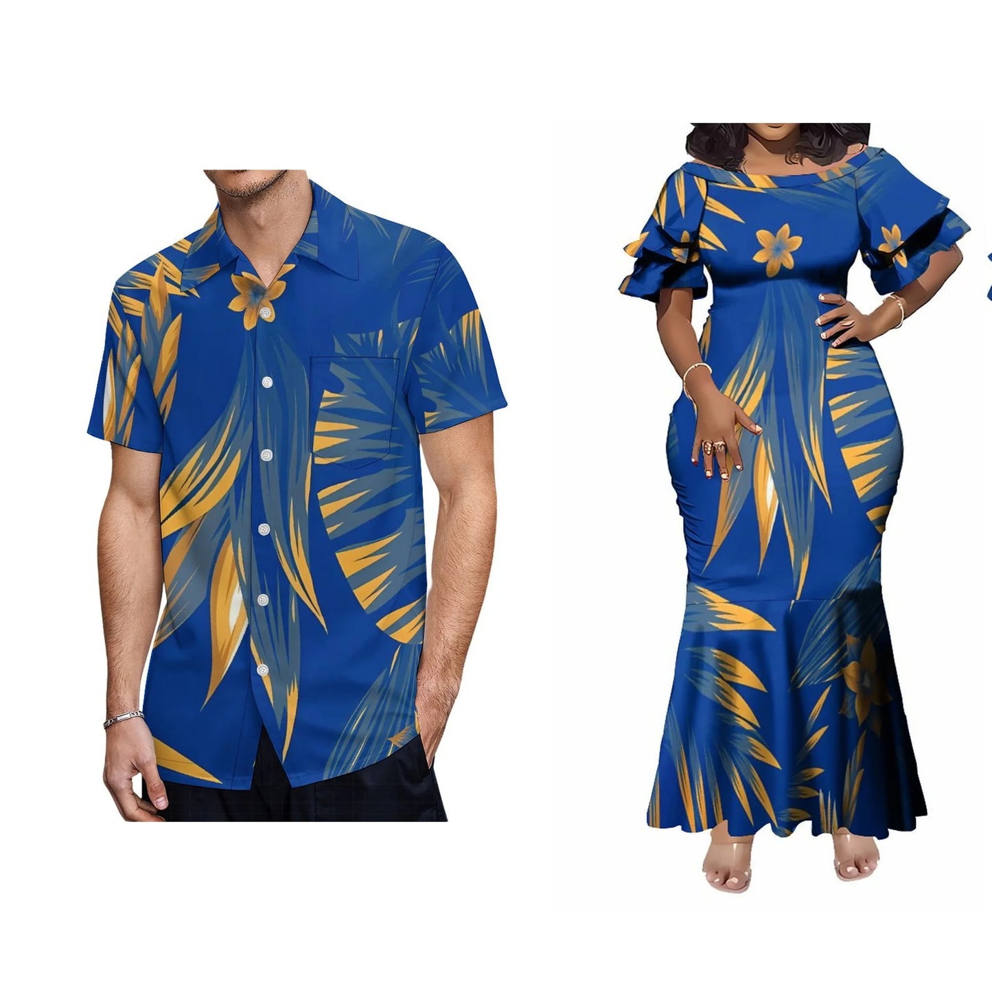 Polynesian Tribal Pattern Matching Outfit For Couple Tropical Island Flowers Blue Short-Sleeved Fishtail Dress And Hawaiian Shirt
