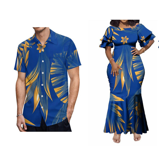 Polynesian Tribal Pattern Matching Outfit For Couple Tropical Island Flowers Blue Short-Sleeved Fishtail Dress And Hawaiian Shirt