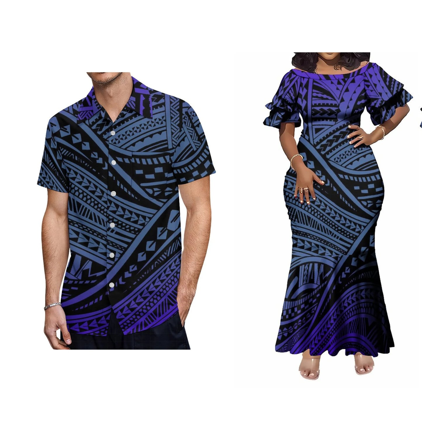 Polynesian Tribal Pattern Matching Outfit For Couple Tropical Island Blue Short-Sleeved Fishtail Dress And Hawaiian Shirt