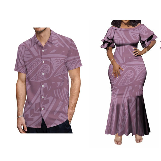 Polynesian Tribal Pattern Matching Outfit For Couple Tropical Island Purple Short-Sleeved Fishtail Dress And Hawaiian Shirt