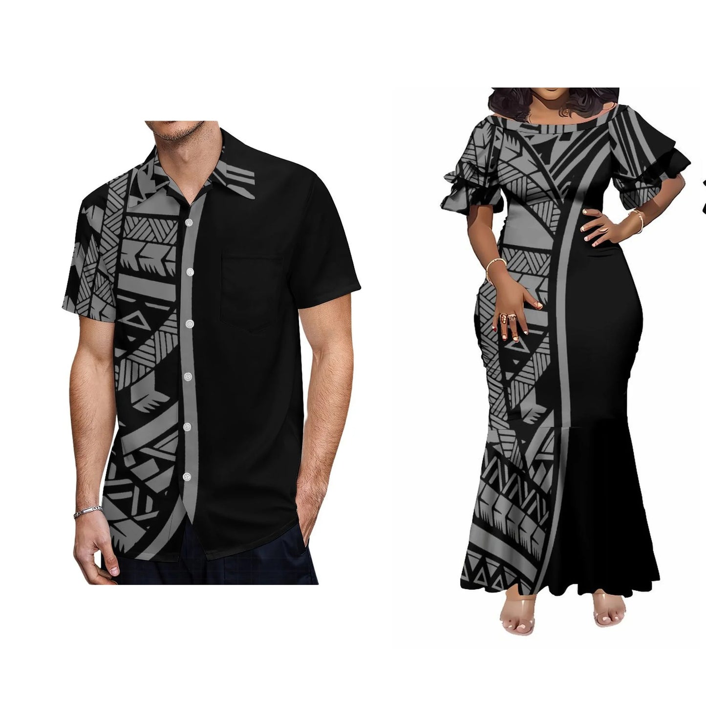 Polynesian Tribal Pattern Matching Outfit For Couple Tropical Half Style Black Short-Sleeved Fishtail Dress And Hawaiian Shirt