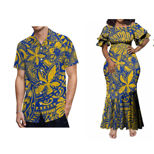Polynesian Tribal Pattern Blue Matching Outfit For Couple Island Flowers Short-Sleeved Fishtail Dress And Hawaiian Shirt