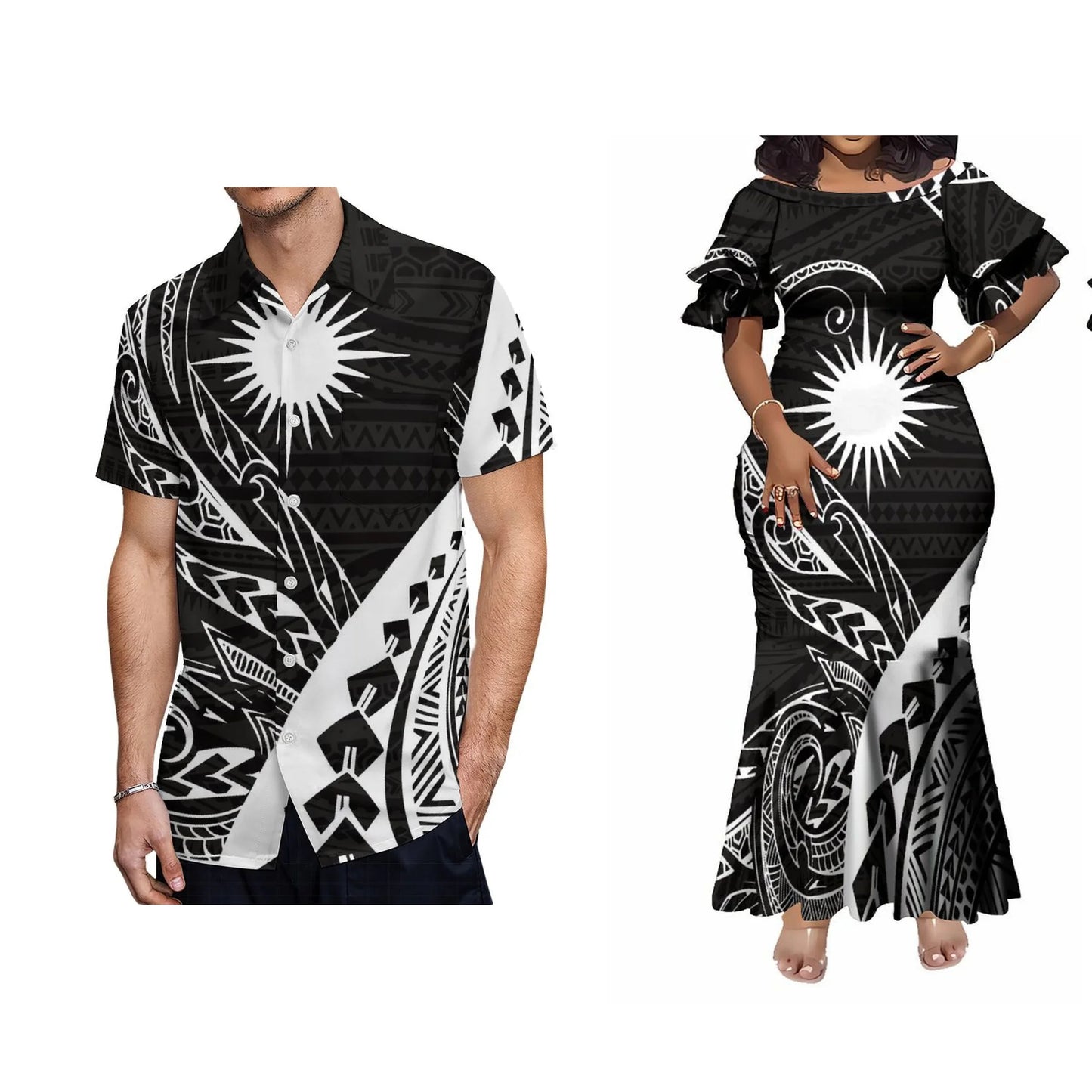 Samoan Polynesian Tribal Pattern Black Matching Outfit For Couple Tropical Short-Sleeved Mermaid Dress And Hawaiian Shirt