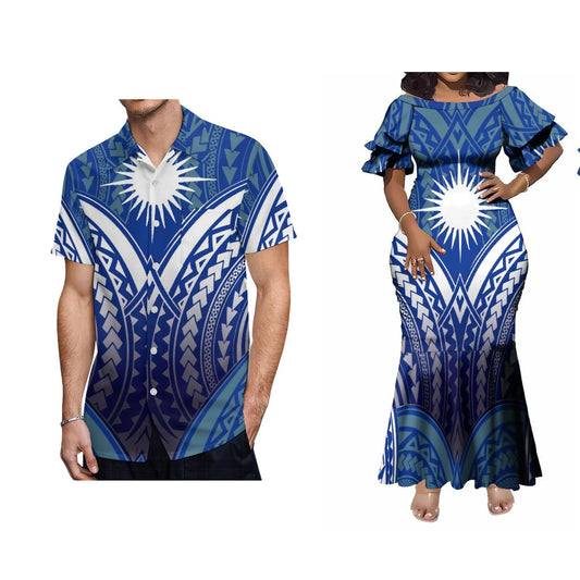 Samoan Polynesian Tribal Pattern Blue Matching Outfit For Couple Tropical Short-Sleeved Mermaid Dress And Hawaiian Shirt