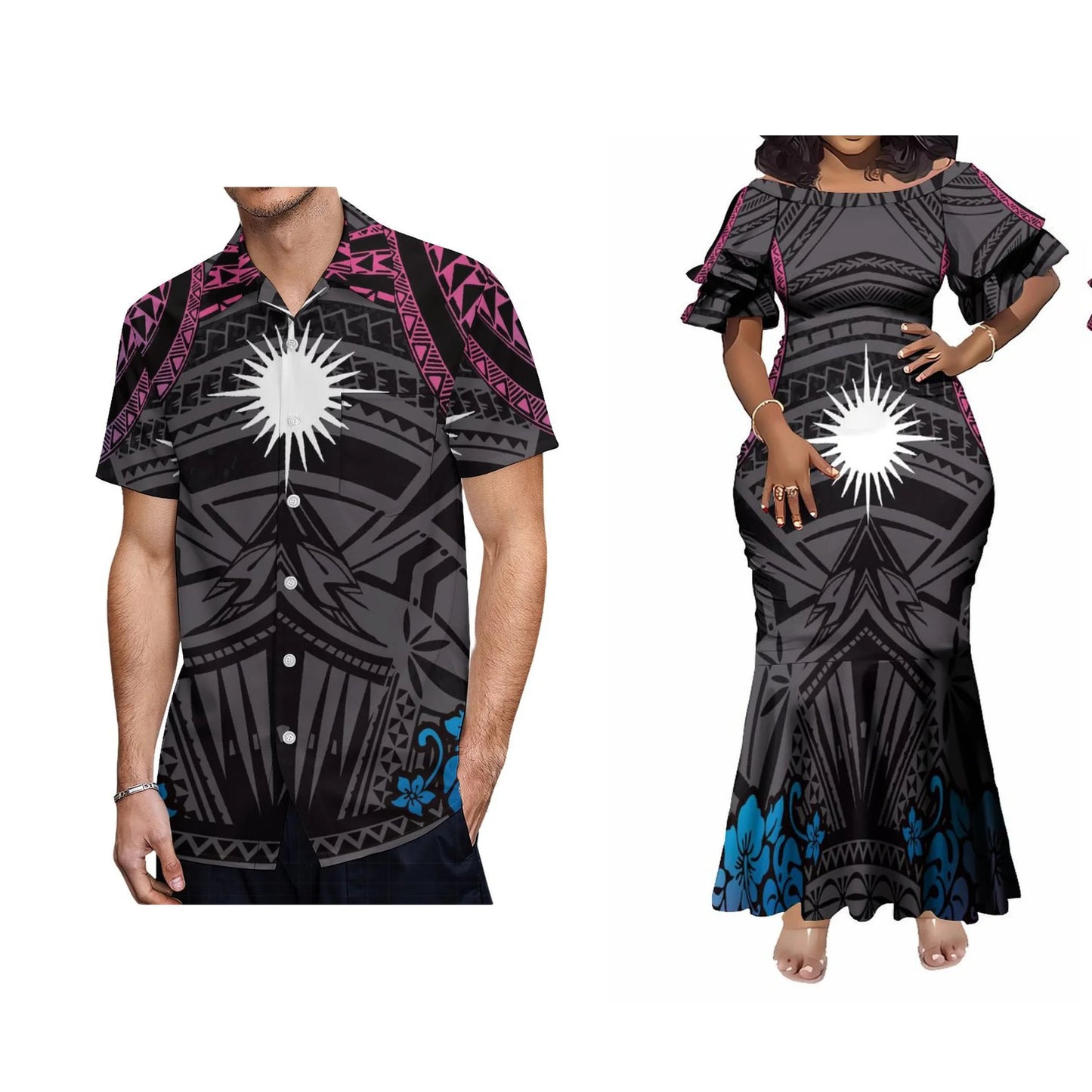 Samoan Polynesian Tribal Pattern Matching Outfit For Couple Tropical Short-Sleeved Mermaid Dress And Hawaiian Shirt