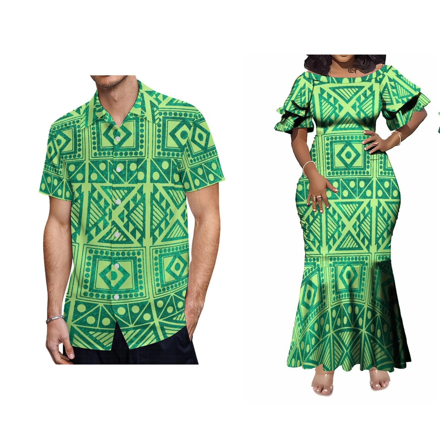 Samoan Polynesian Tribal Matching Outfit For Couple Polynesian Tropical Pattern Short-Sleeved Mermaid Dress Hawaiian Shirt