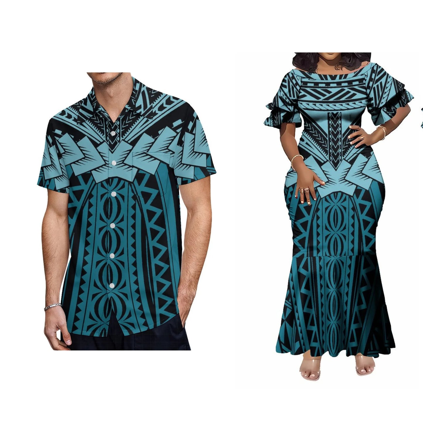 Samoan Polynesian Tribal Pattern Matching Outfit For Couple Tropical Short-Sleeved Mermaid Dress Hawaiian Shirt