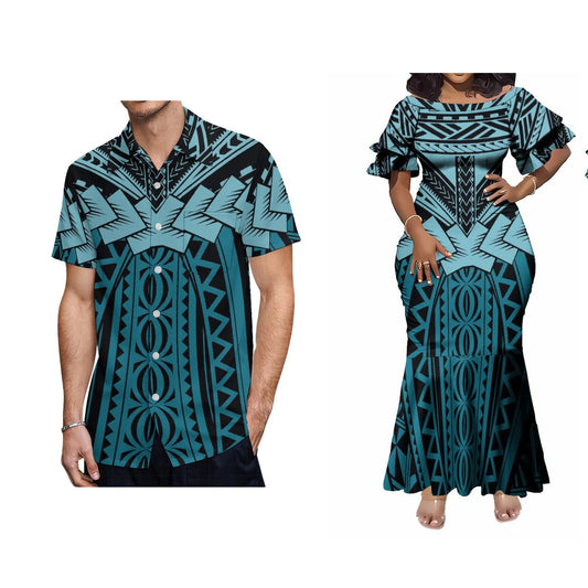 Samoan Polynesian Tribal Pattern Matching Outfit For Couple Tropical Short-Sleeved Mermaid Dress Hawaiian Shirt