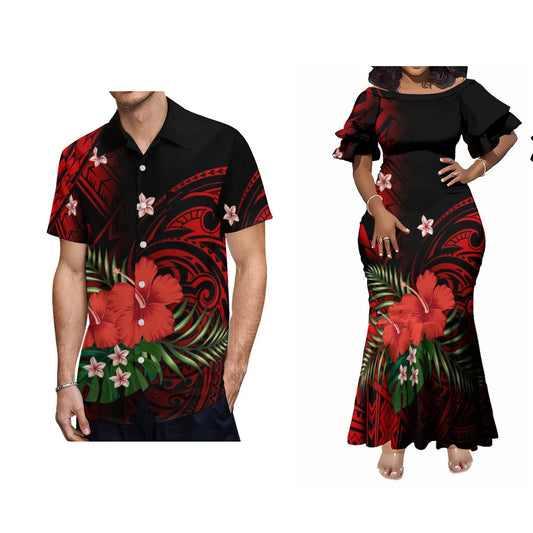 Samoan Polynesian HIbiscus Pattern Matching Outfit For Couple Tropical Short-Sleeved Mermaid Dress Hawaiian Shirt