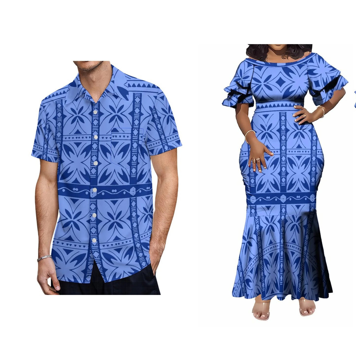 Samoan Polynesian Tribal Pattern Blue Matching Outfit For Couple Tropical Short-Sleeved Mermaid Dress Hawaiian Shirt