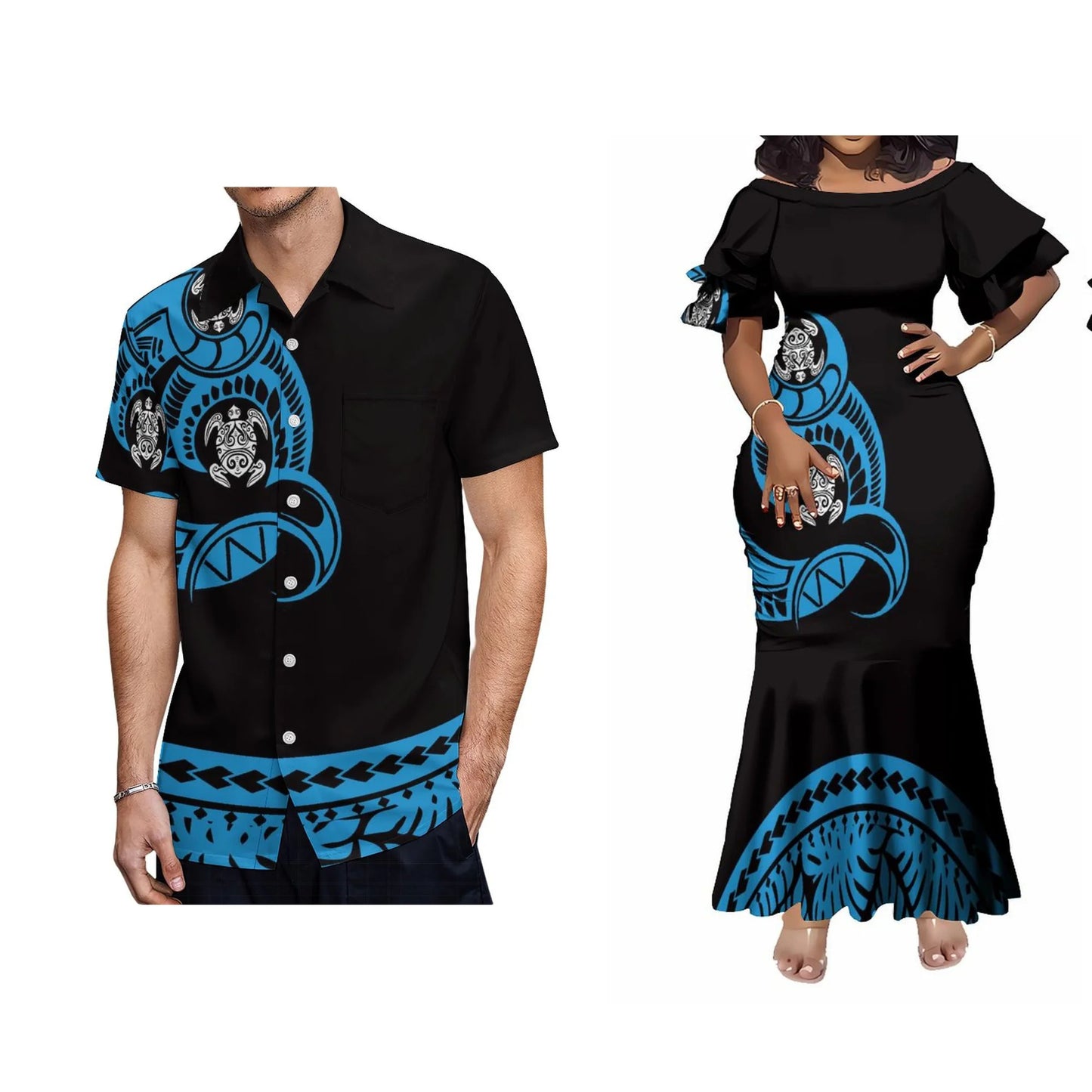 Samoan Polynesian Tribal Sea Turtle Pattern Blue Matching Outfit For Couple Tropical Short-Sleeved Mermaid Dress And Hawaiian Shirt