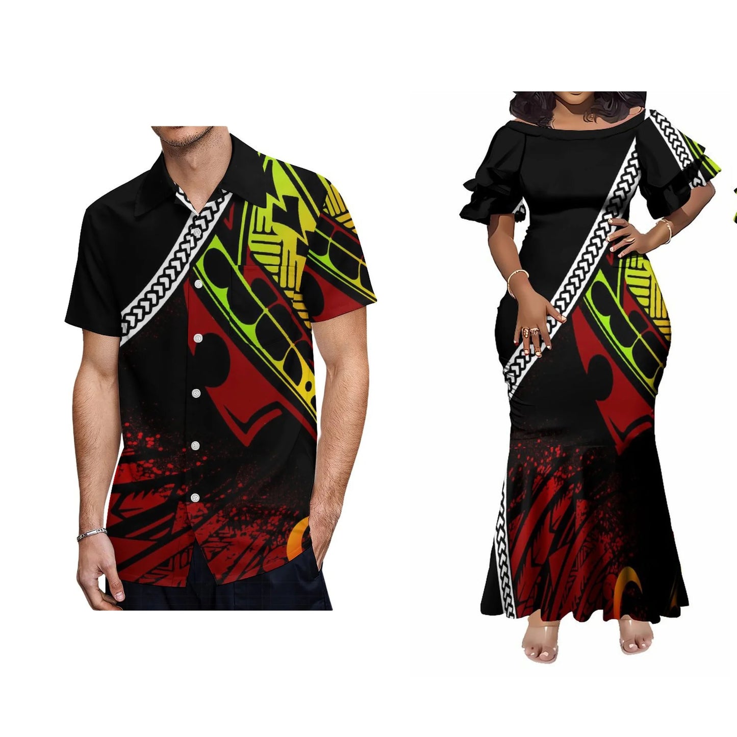 Samoan Polynesian Tribal Pattern Reggae Matching Outfit For Couple Tropical Short-Sleeved Mermaid Dress And Hawaiian Shirt