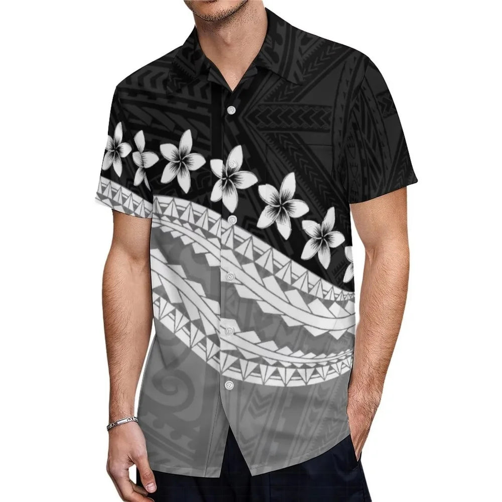 Polynesian Tribal Hawaiian Flowers Tropical Island Pattern Printed Half Style Short Sleeve Shirt
